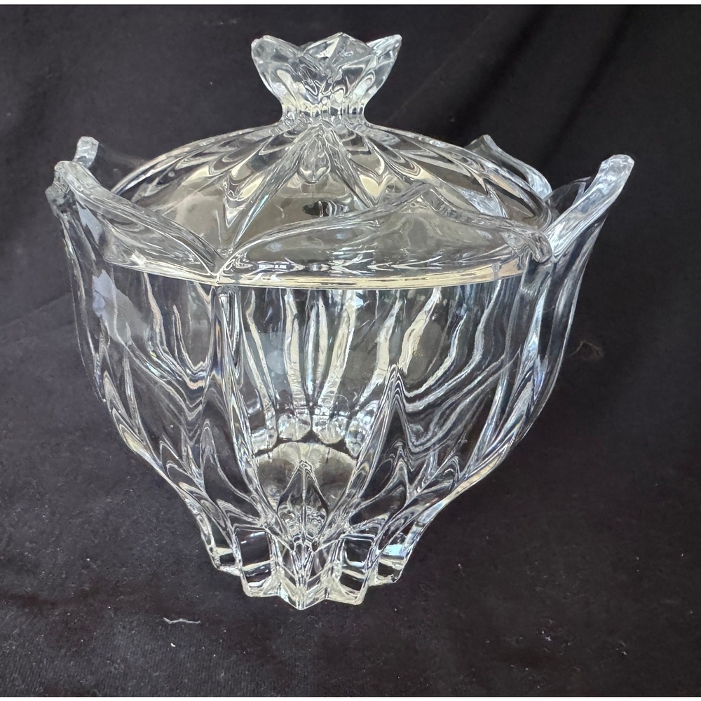 Vintage Crystal Lotus Candy Dish with Lid Clear Cut Glass Lidded Jar 6 Inch
